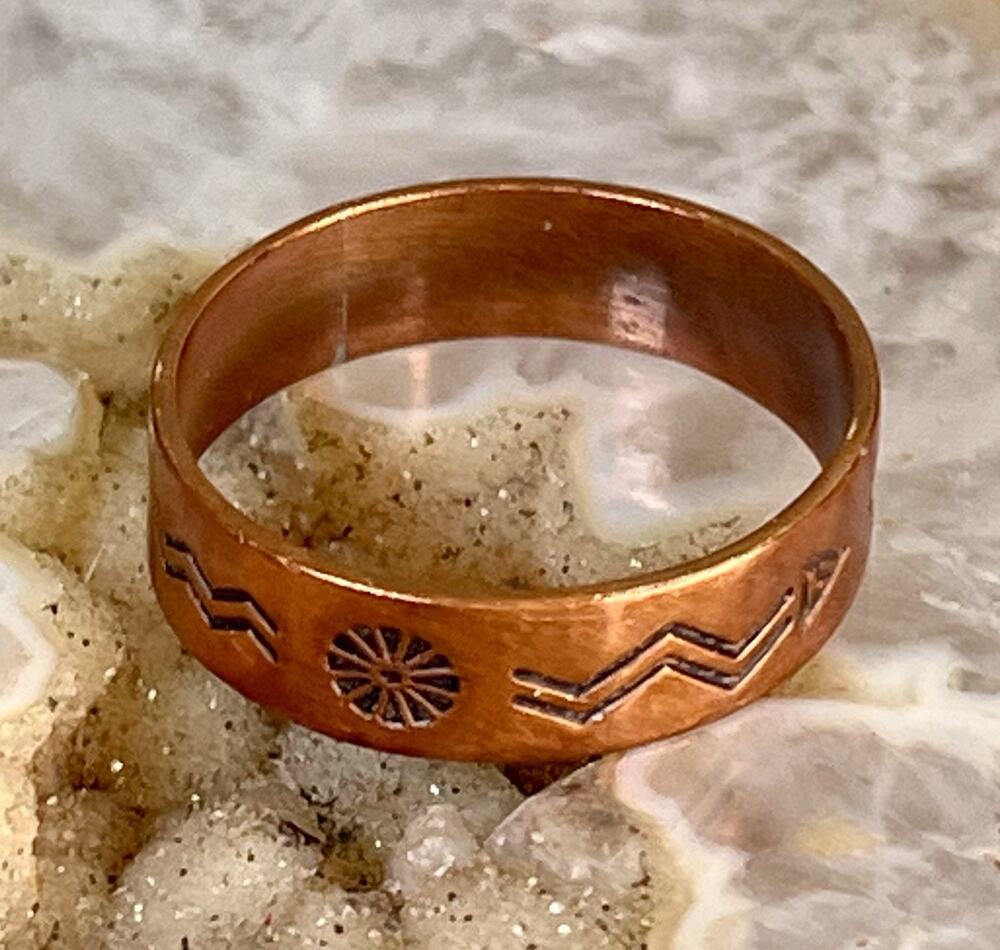 Native American Hand Stamped Copper Southwestern Statement Ring Signed RM